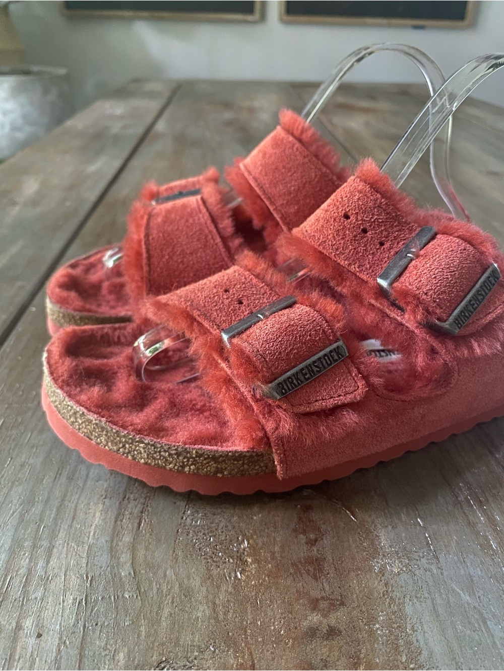 Birkenstock Arizona Shearling Suede Fur Lined Buckle Sandals Womens 9 260 Coral - Picture 8 of 12